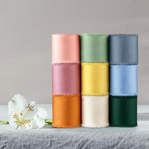 Chiffon Ribbon Silk Satin Ribbon 1 1/2 Inch x 3 Yd Handmade Fringe Chiffon Frayed Edges Ribbons Set 9 Rolls Fabric Ribbon for Wedding Invitations, Flower Bouquet, Gift Wrapping, Bows, Crafts in Kuwait