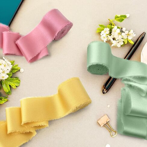 Chiffon Ribbon Silk Satin Ribbon 1 1/2 Inch x 3 Yd Handmade Fringe Chiffon Frayed Edges Ribbons Set 9 Rolls Fabric Ribbon for Wedding Invitations, Flower Bouquet, Gift Wrapping, Bows, Crafts in Kuwait