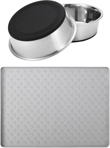 2 Packs Stainless Steel Metal Dog/Cat Bowl & Waterproof Pet Feeding Silicone Mats with High Lips,Rubber Base Anti Slip Heavy-Duty Bowl,mats for Controlling Water and Food Spills to Protect The Floor. in Saudi Arabia