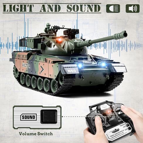 1:18 RC Tank, 2.4Ghz US M60 Remote Control Tank Model Toys, 15 Channel Battle Military Tank with Smoke, Light Sound, Volume Switch, Army Toy for Adult and Kid That Shoots BBS and Water Bombs in Kuwait