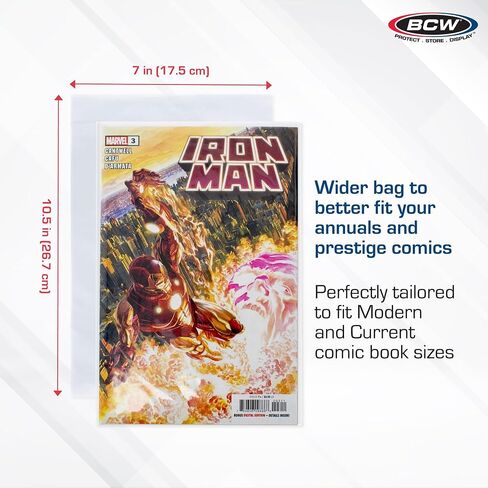 BCW Thick Current/Modern Comic Bags - 100 ct | Acid-Free Modern Comic Bags for Current Issues | Exterior 7 x 10 1/2 inches | Crystal Clear Protection for Your Comic Collection in Kuwait
