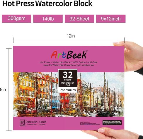ArtBeek Watercolor Paper Block, Watercolor Block 100% Cotton 140g/300GSM (9X12 Cold Press) in Kuwait