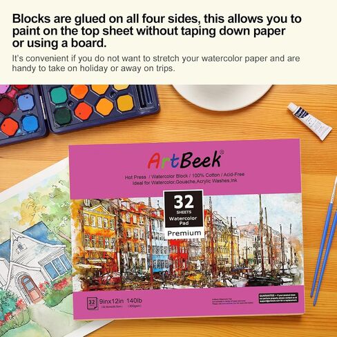 ArtBeek Watercolor Paper Block, Watercolor Block 100% Cotton 140g/300GSM (9X12 Cold Press) in Kuwait