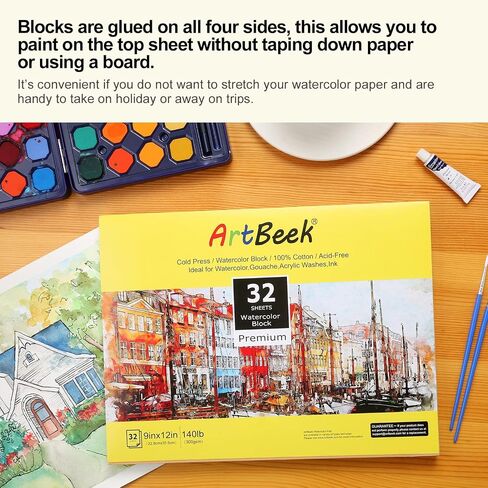 ArtBeek Watercolor Paper Block, Watercolor Block 100% Cotton 140g/300GSM (9X12 Cold Press) in Kuwait