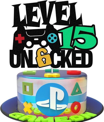 Level 14th Unlocked Sign Cake Topper Happy 14th Birthday Level Up Tenth Cake Decorations for Video Game Controller Themed Kids Boy Girl Bday Party Supplies Double Sided (14th) in Kuwait