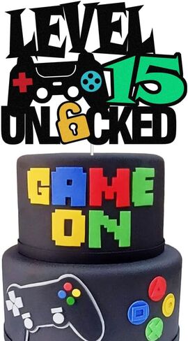 Level 14th Unlocked Sign Cake Topper Happy 14th Birthday Level Up Tenth Cake Decorations for Video Game Controller Themed Kids Boy Girl Bday Party Supplies Double Sided (14th) in Kuwait