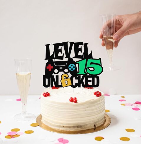 Level 14th Unlocked Sign Cake Topper Happy 14th Birthday Level Up Tenth Cake Decorations for Video Game Controller Themed Kids Boy Girl Bday Party Supplies Double Sided (14th) in Kuwait