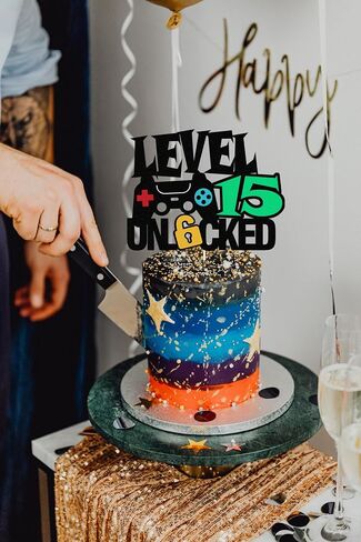 Level 14th Unlocked Sign Cake Topper Happy 14th Birthday Level Up Tenth Cake Decorations for Video Game Controller Themed Kids Boy Girl Bday Party Supplies Double Sided (14th) in Kuwait