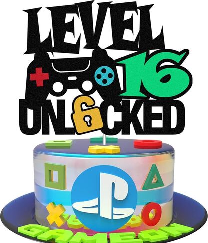 المستوى 15 غير مؤمن كعكة العلامة Topper Happy 15th Level Up Tenth Cake Decorations لوحدة التحكم في ألعاب الفيديو تحت عنوان Kids Boy Girl Bday Party Supplies Double Side (15) in Kuwait