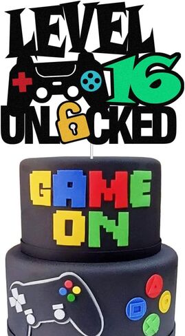 المستوى 15 غير مؤمن كعكة العلامة Topper Happy 15th Level Up Tenth Cake Decorations لوحدة التحكم في ألعاب الفيديو تحت عنوان Kids Boy Girl Bday Party Supplies Double Side (15) in Kuwait