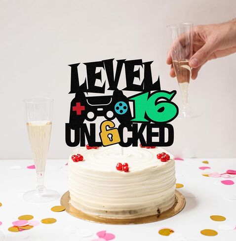 المستوى 15 غير مؤمن كعكة العلامة Topper Happy 15th Level Up Tenth Cake Decorations لوحدة التحكم في ألعاب الفيديو تحت عنوان Kids Boy Girl Bday Party Supplies Double Side (15) in Kuwait