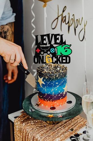 المستوى 15 غير مؤمن كعكة العلامة Topper Happy 15th Level Up Tenth Cake Decorations لوحدة التحكم في ألعاب الفيديو تحت عنوان Kids Boy Girl Bday Party Supplies Double Side (15) in Kuwait
