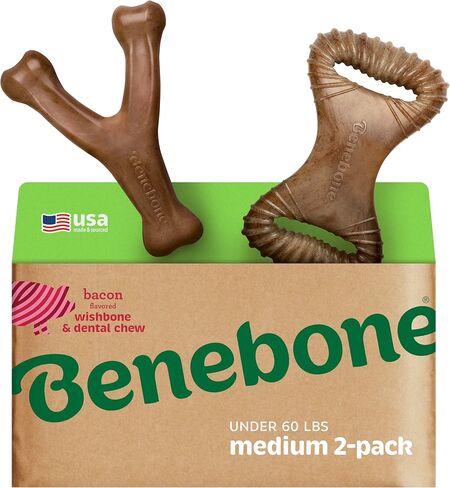 Benebone 2-Pack Wishbone/Dental Durable Dog Chew Toys, Real Bacon, Made in USA, Large in Saudi Arabia
