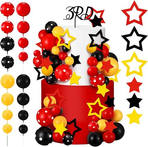 57 Pcs Black Red Yellow Ball Star Cake Topper Set Cartoon Cake Decorations with Flag DIY Insert Topper for One Two Years Happy Birthday Decorations Baby Shower Party Supplies(Happy Birthday) in Kuwait