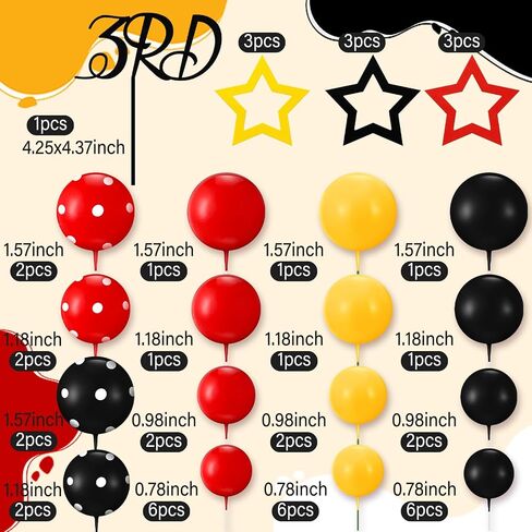 57 Pcs Black Red Yellow Ball Star Cake Topper Set Cartoon Cake Decorations with Flag DIY Insert Topper for One Two Years Happy Birthday Decorations Baby Shower Party Supplies(Happy Birthday) in Kuwait