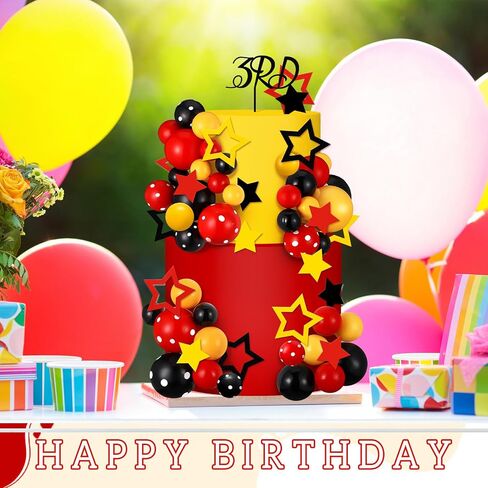 57 Pcs Black Red Yellow Ball Star Cake Topper Set Cartoon Cake Decorations with Flag DIY Insert Topper for One Two Years Happy Birthday Decorations Baby Shower Party Supplies(Happy Birthday) in Kuwait