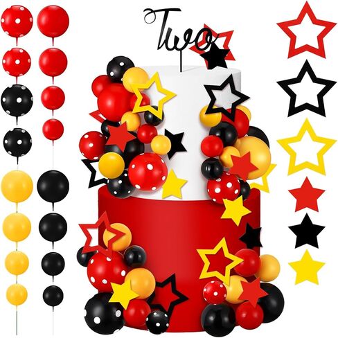57 Pcs Black Red Yellow Ball Star Cake Topper Set Cartoon Cake Decorations with Flag DIY Insert Topper for One Two Years Happy Birthday Decorations Baby Shower Party Supplies(Happy Birthday) in Kuwait