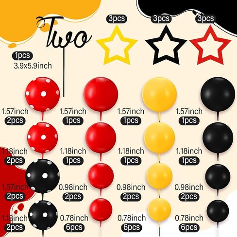 57 Pcs Black Red Yellow Ball Star Cake Topper Set Cartoon Cake Decorations with Flag DIY Insert Topper for One Two Years Happy Birthday Decorations Baby Shower Party Supplies(Happy Birthday) in Kuwait