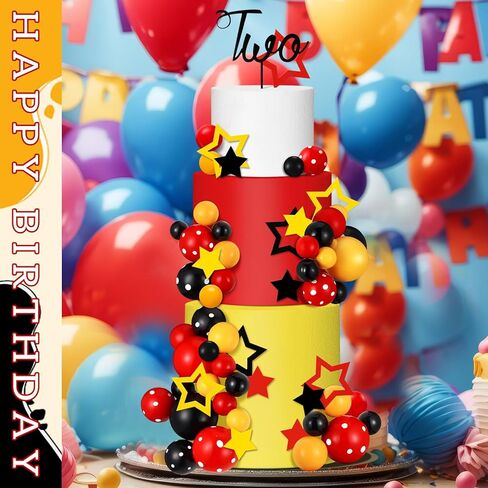57 Pcs Black Red Yellow Ball Star Cake Topper Set Cartoon Cake Decorations with Flag DIY Insert Topper for One Two Years Happy Birthday Decorations Baby Shower Party Supplies(Happy Birthday) in Kuwait