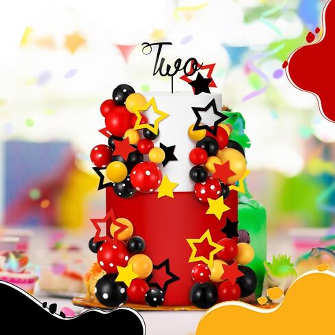 57 Pcs Black Red Yellow Ball Star Cake Topper Set Cartoon Cake Decorations with Flag DIY Insert Topper for One Two Years Happy Birthday Decorations Baby Shower Party Supplies(Happy Birthday) in Kuwait