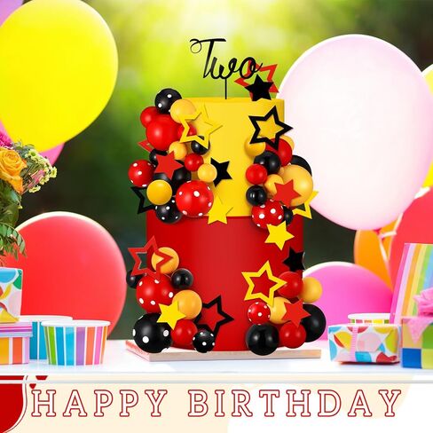 57 Pcs Black Red Yellow Ball Star Cake Topper Set Cartoon Cake Decorations with Flag DIY Insert Topper for One Two Years Happy Birthday Decorations Baby Shower Party Supplies(Happy Birthday) in Kuwait