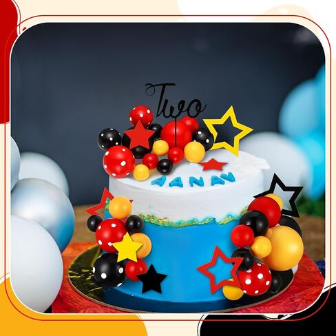57 Pcs Black Red Yellow Ball Star Cake Topper Set Cartoon Cake Decorations with Flag DIY Insert Topper for One Two Years Happy Birthday Decorations Baby Shower Party Supplies(Happy Birthday) in Kuwait