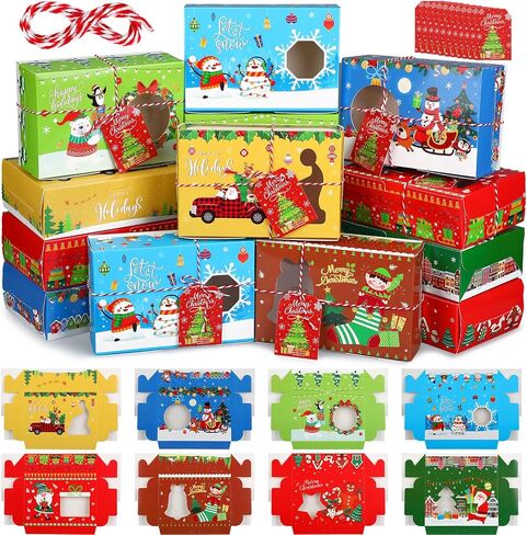 Zhanmai Large Christmas 64 Pc Cookie Boxes with Window 8.6 x 6 x 2.7 Inch Holiday Bakery Treat Xmas Pastry Boxes with Ribbon DIY Gift Tag for Party Favor Gift Giving(Classic) in Saudi Arabia