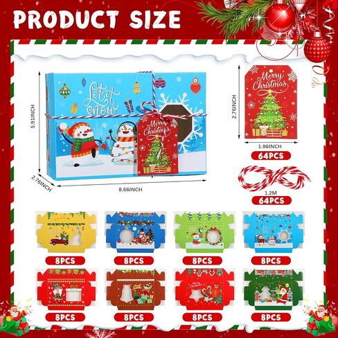 Zhanmai Large Christmas 64 Pc Cookie Boxes with Window 8.6 x 6 x 2.7 Inch Holiday Bakery Treat Xmas Pastry Boxes with Ribbon DIY Gift Tag for Party Favor Gift Giving(Classic) in Saudi Arabia
