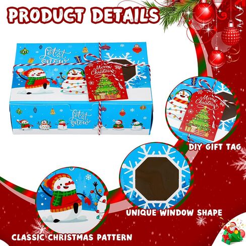 Zhanmai Large Christmas 64 Pc Cookie Boxes with Window 8.6 x 6 x 2.7 Inch Holiday Bakery Treat Xmas Pastry Boxes with Ribbon DIY Gift Tag for Party Favor Gift Giving(Classic) in Saudi Arabia