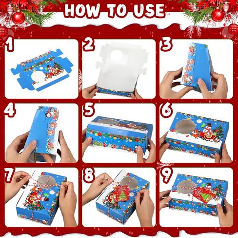 Zhanmai Large Christmas 64 Pc Cookie Boxes with Window 8.6 x 6 x 2.7 Inch Holiday Bakery Treat Xmas Pastry Boxes with Ribbon DIY Gift Tag for Party Favor Gift Giving(Classic) in Saudi Arabia
