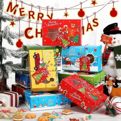 Zhanmai Large Christmas 64 Pc Cookie Boxes with Window 8.6 x 6 x 2.7 Inch Holiday Bakery Treat Xmas Pastry Boxes with Ribbon DIY Gift Tag for Party Favor Gift Giving(Classic) in Saudi Arabia
