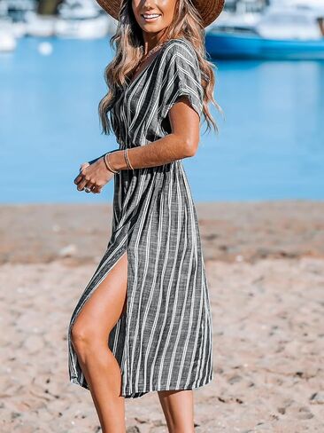 CUPSHE Women's Cover Up V Neck Midi Dress Short Sleeves Beachwear Casual Coverups Striped Summer 2024 in Kuwait