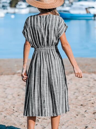 CUPSHE Women's Cover Up V Neck Midi Dress Short Sleeves Beachwear Casual Coverups Striped Summer 2024 in Kuwait