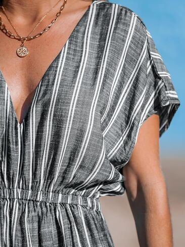 CUPSHE Women's Cover Up V Neck Midi Dress Short Sleeves Beachwear Casual Coverups Striped Summer 2024 in Kuwait