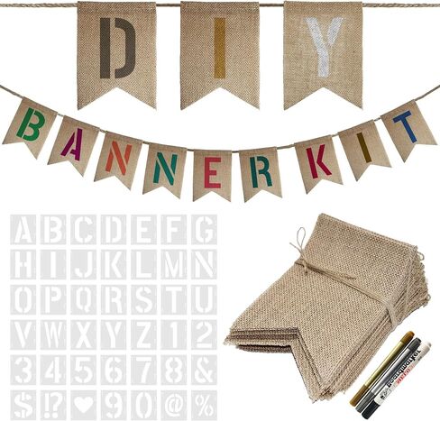 15 PCS Burlap Banner DIY Kit With 27 PCS Letter Stencil Banner Burlap Painting For Party Decorations Swallowtail Flags For Birthday in Kuwait