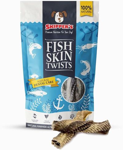 Skipper's Cod Fish Skin Twists Chews - 100 ٪ علاجات خالية من الحبوب السمكية للكلاب ، عالية في البروتين ومنخفض في الدهون ، أوميغا 3 زيوت | عظيم للأسنان (قصيرة ، 2.5 أوقية) in Kuwait