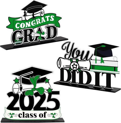 LINGTEER Class of 2025 Graduation Party Decorations - 3Pcs Congrats Grad 2025 School Graduation Acrylic Table Centerpieces Gift Stand Decorations - Green. in Kuwait