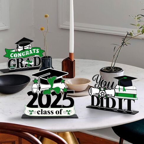 LINGTEER Class of 2025 Graduation Party Decorations - 3Pcs Congrats Grad 2025 School Graduation Acrylic Table Centerpieces Gift Stand Decorations - Green. in Kuwait