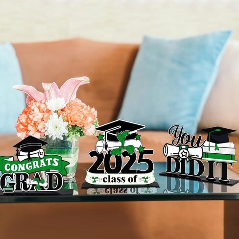 LINGTEER Class of 2025 Graduation Party Decorations - 3Pcs Congrats Grad 2025 School Graduation Acrylic Table Centerpieces Gift Stand Decorations - Green. in Kuwait