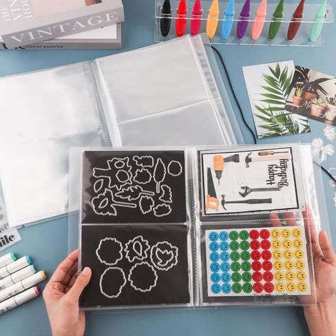 20 Pages / 80 Pockets Stamps and Dies Storage Album Book Organizer Folder Plastic Large Sticker Photo Storage Bags for Cutting Dies Stencil Stamp Crafts DIY Scrapbooking 7x5.1inch/Pocket (Black) in Saudi Arabia