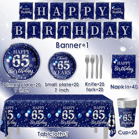 142 PCS 60th Birthday Tableware Set Sliver Sliver and Blue 60th Happy Birthday Supplies for Men Women First Birthday Tableth و Plates and Fackins و Cups and Forks and Stkives in Kuwait