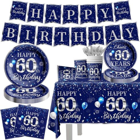142 PCS 60th Birthday Tableware Set Sliver Sliver and Blue 60th Happy Birthday Supplies for Men Women First Birthday Tableth و Plates and Fackins و Cups and Forks and Stkives in Kuwait
