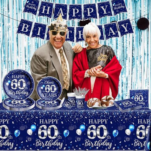 142 PCS 60th Birthday Tableware Set Sliver Sliver and Blue 60th Happy Birthday Supplies for Men Women First Birthday Tableth و Plates and Fackins و Cups and Forks and Stkives in Kuwait