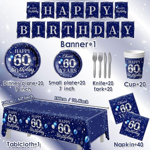 142 PCS 60th Birthday Tableware Set Sliver Sliver and Blue 60th Happy Birthday Supplies for Men Women First Birthday Tableth و Plates and Fackins و Cups and Forks and Stkives in Kuwait