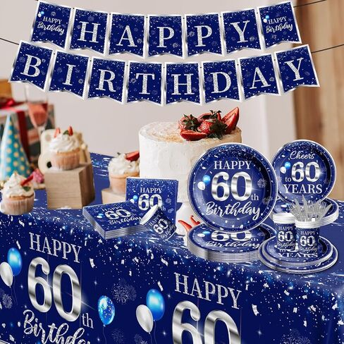 142 PCS 60th Birthday Tableware Set Sliver Sliver and Blue 60th Happy Birthday Supplies for Men Women First Birthday Tableth و Plates and Fackins و Cups and Forks and Stkives in Kuwait