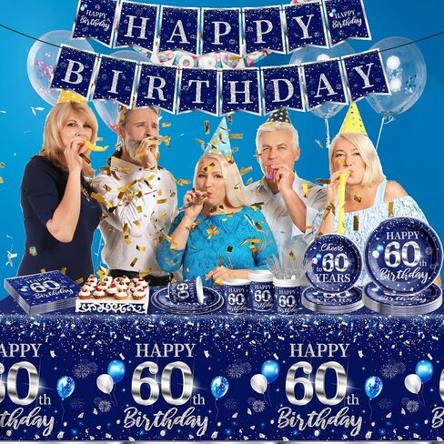 142 PCS 60th Birthday Tableware Set Sliver Sliver and Blue 60th Happy Birthday Supplies for Men Women First Birthday Tableth و Plates and Fackins و Cups and Forks and Stkives in Kuwait