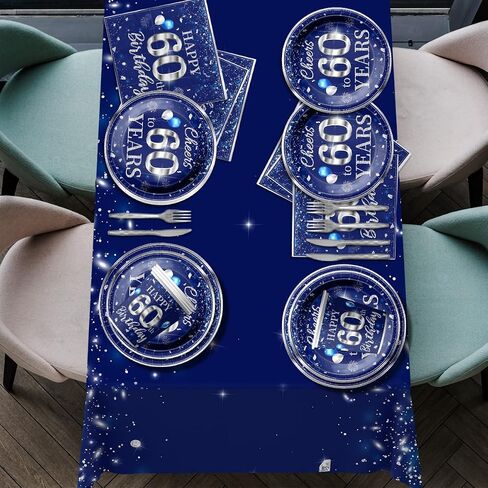 142 PCS 60th Birthday Tableware Set Sliver Sliver and Blue 60th Happy Birthday Supplies for Men Women First Birthday Tableth و Plates and Fackins و Cups and Forks and Stkives in Kuwait