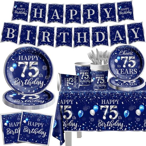 142 PCS 60th Birthday Tableware Set Sliver Sliver and Blue 60th Happy Birthday Supplies for Men Women First Birthday Tableth و Plates and Fackins و Cups and Forks and Stkives in Kuwait