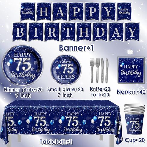 142 PCS 60th Birthday Tableware Set Sliver Sliver and Blue 60th Happy Birthday Supplies for Men Women First Birthday Tableth و Plates and Fackins و Cups and Forks and Stkives in Kuwait