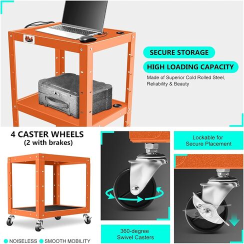 PM PERFORMOTOR 3-Layer Utility Steel AV Cart with Wheels Power Strip, 25" x 18" x 24"-42" Height Adjustable Rolling Projector Cart, Gray,PM-TOL-CT2-GY in Kuwait